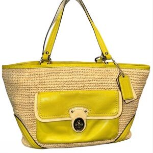 COACH Raffia Pocket Tote •2012 #22904 Woven Raffia w/lime green leather